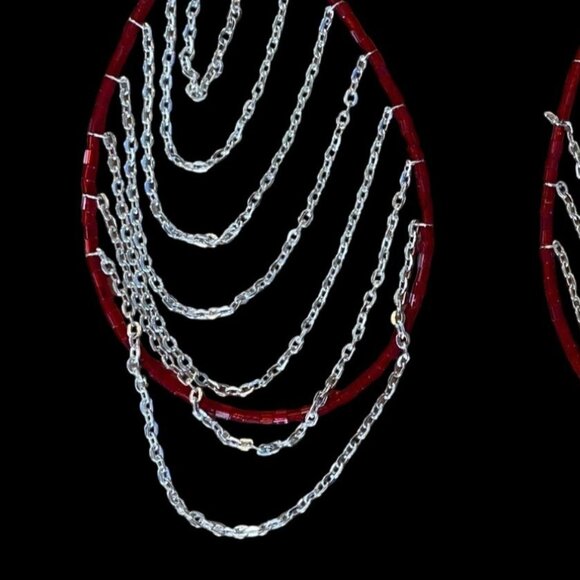 Red Beaded Teardrop Hoop Earrings with Silver Chains Boho Handmade Jewelry 3.5" - Picture 2 of 6